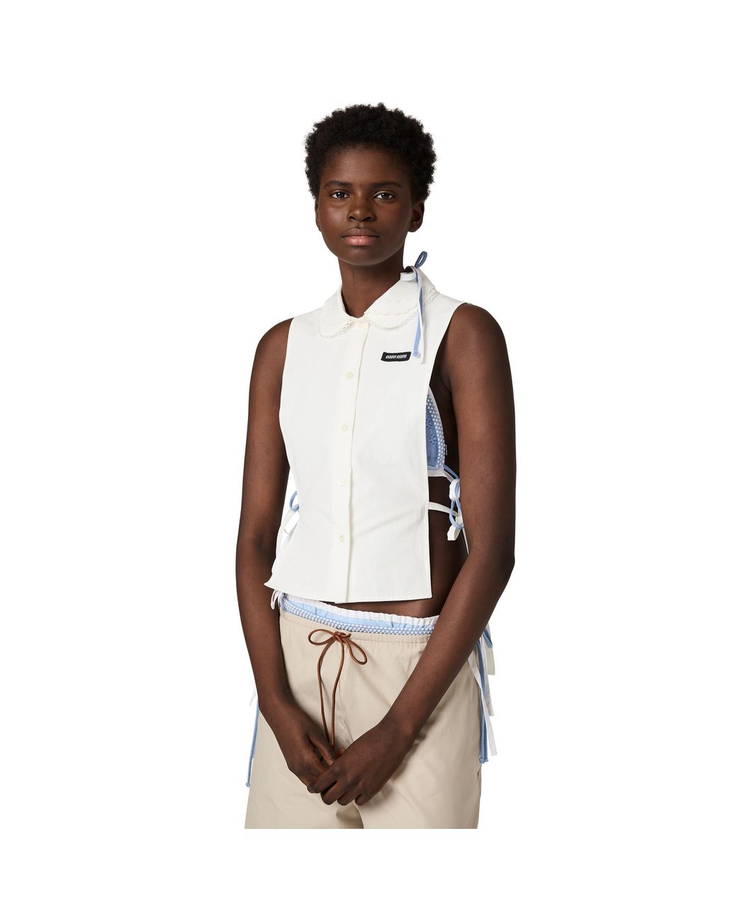 Miu Miu White Slubbed Poplin Side-Tie Shirt
