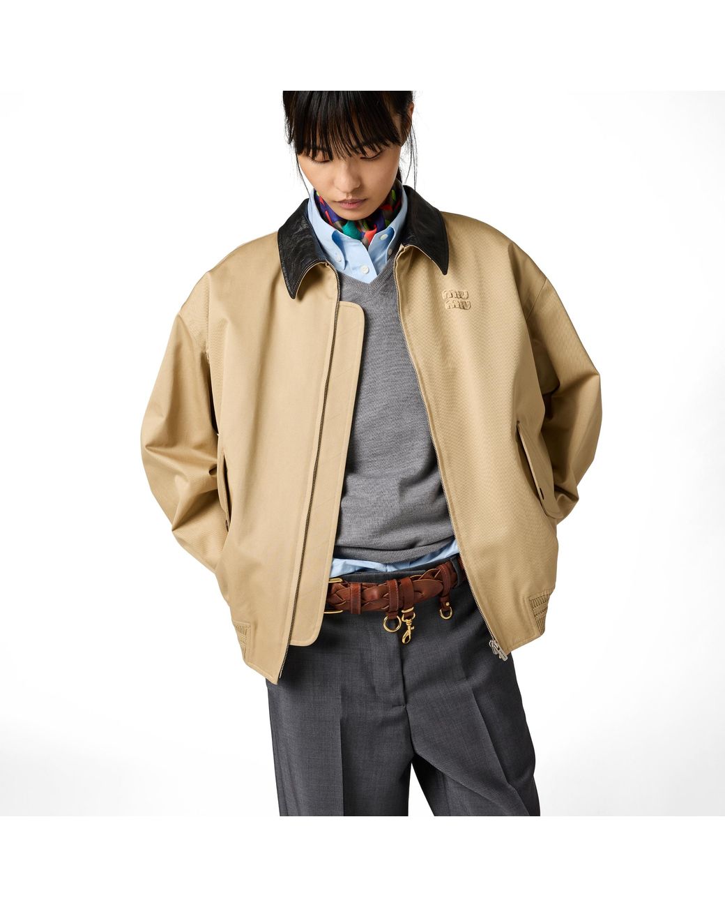 Miu Miu Natural Chino And Leather Bomber Jacket