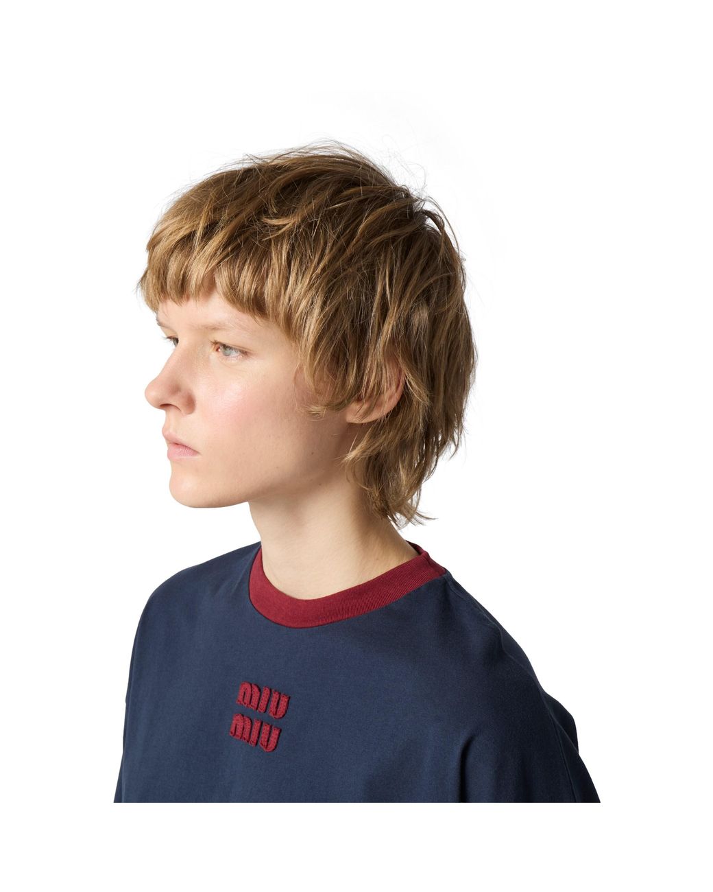 Miu Miu Blue Long-Sleeved Cotton Jersey T-Shirt