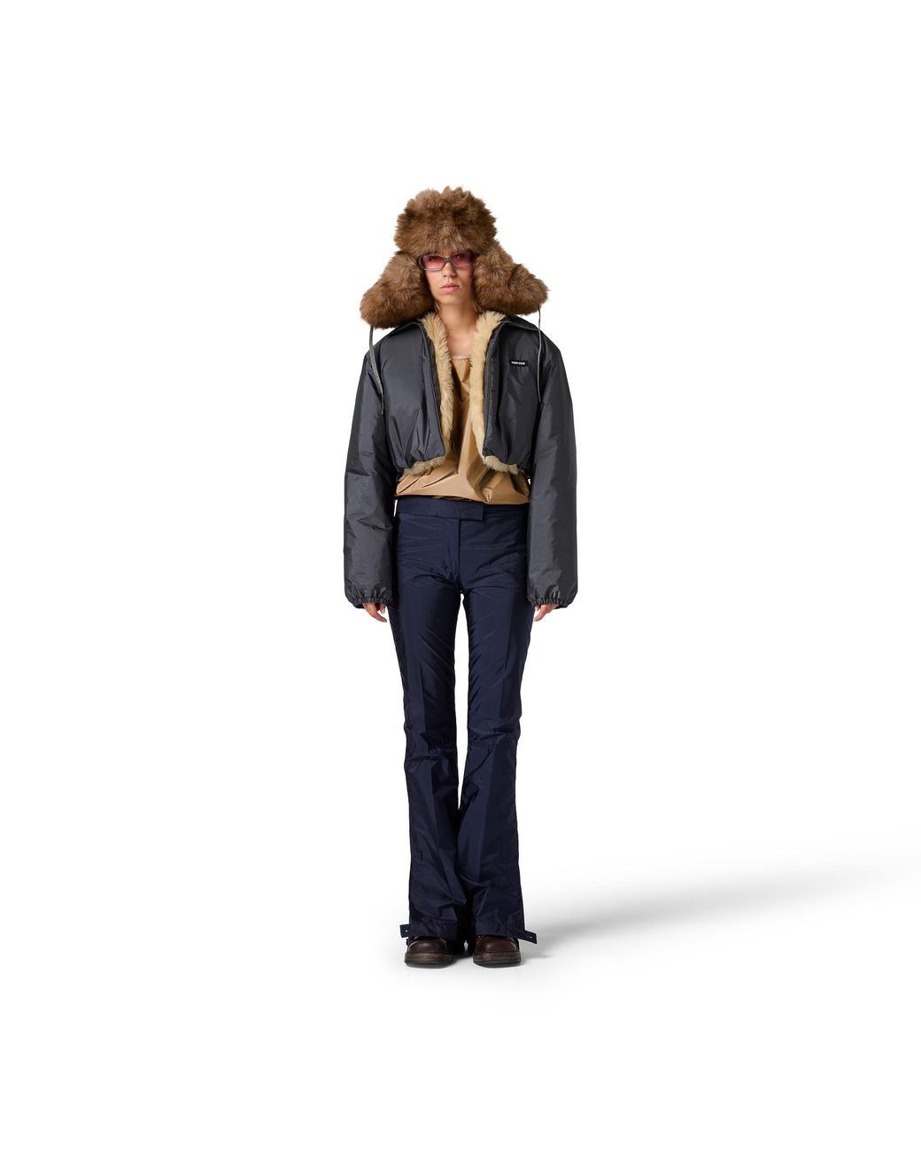 Miu Miu Blue Technical Fabric And Shearling Blouson Jacket