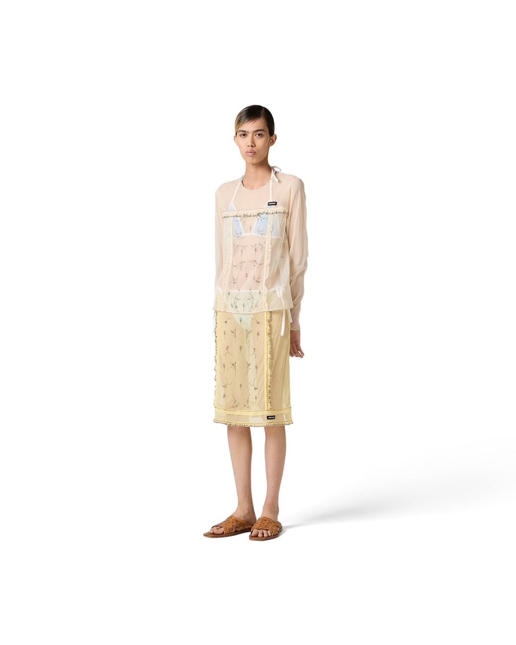 Miu Miu Natural Embroidered Tulle Top