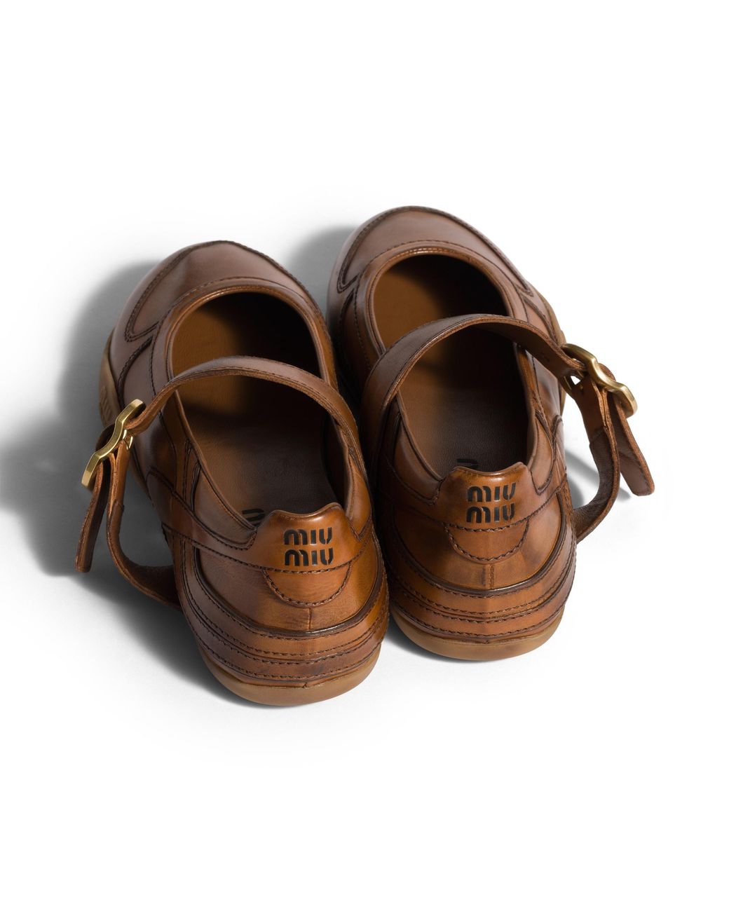 Miu Miu Brown Gymnasium Leather Ballerinas With Strap And Buckle