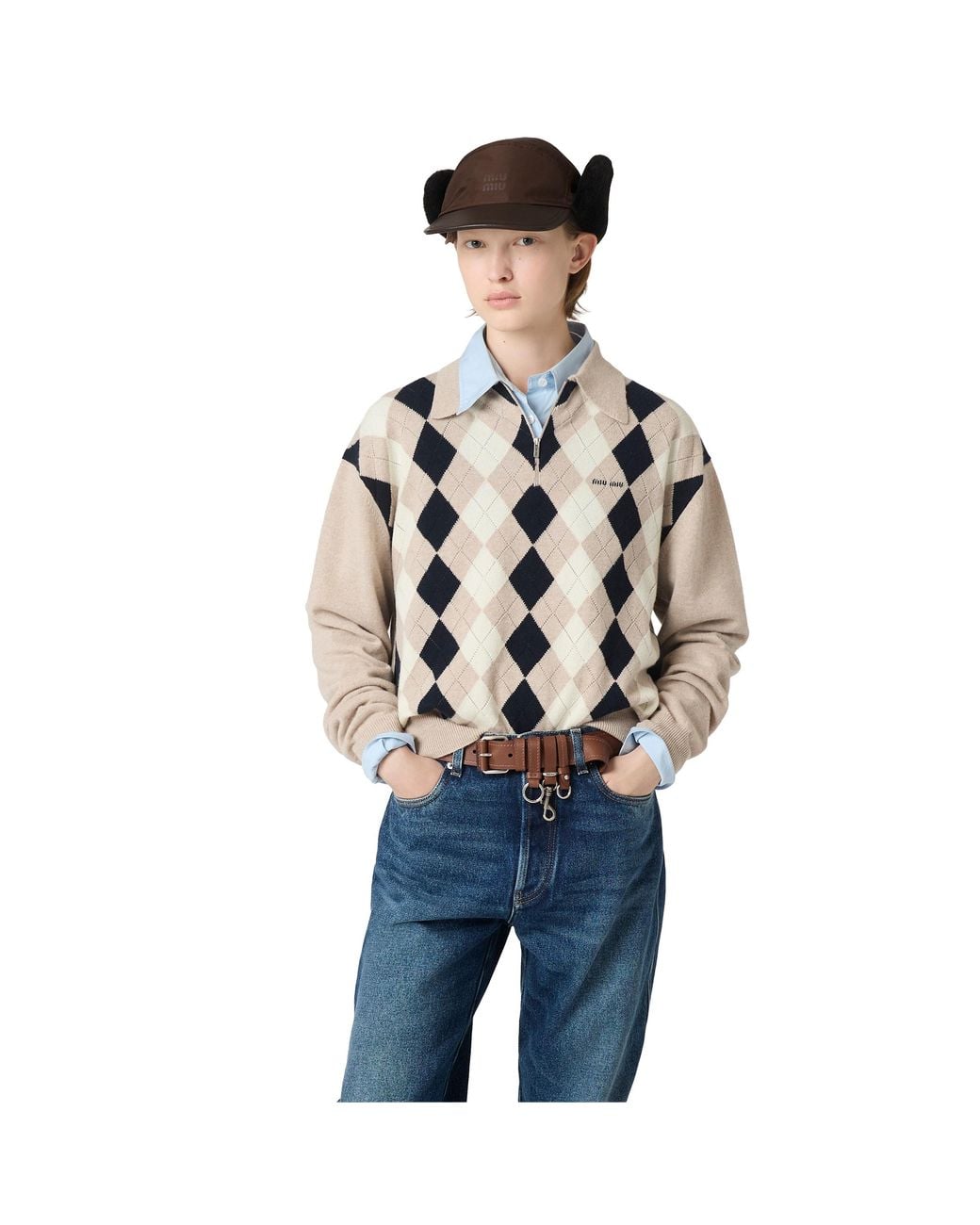 Miu Miu Brown Technical Fabric And Shearling Cap