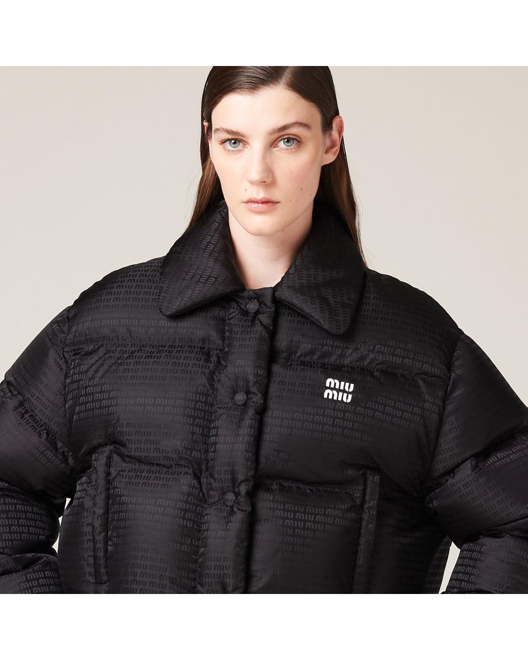 Miu Miu Cropped Nylon Down Jacket in Black | Lyst Miu Miu Cropped Nylon Down Jacket in Black | Lyst