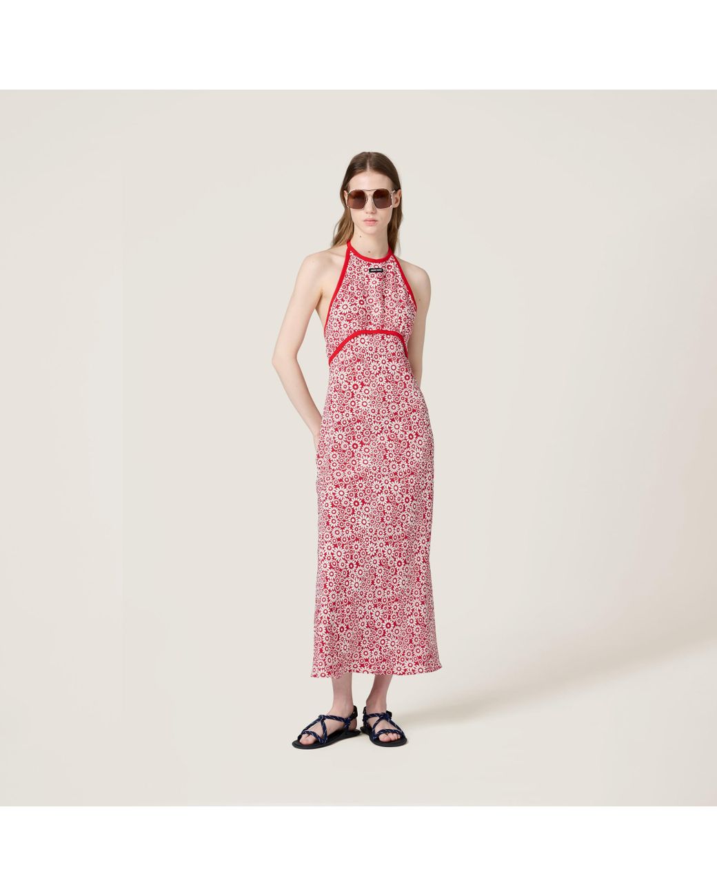 Miu Miu Long Floral Print Crepe De Chine Dress in Pink | Lyst UK