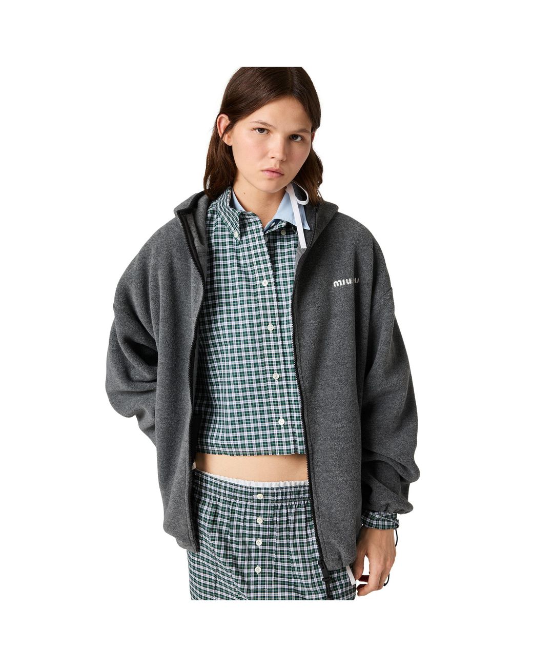 Miu Miu Gray Fleece Zippered Hoodie Jacket