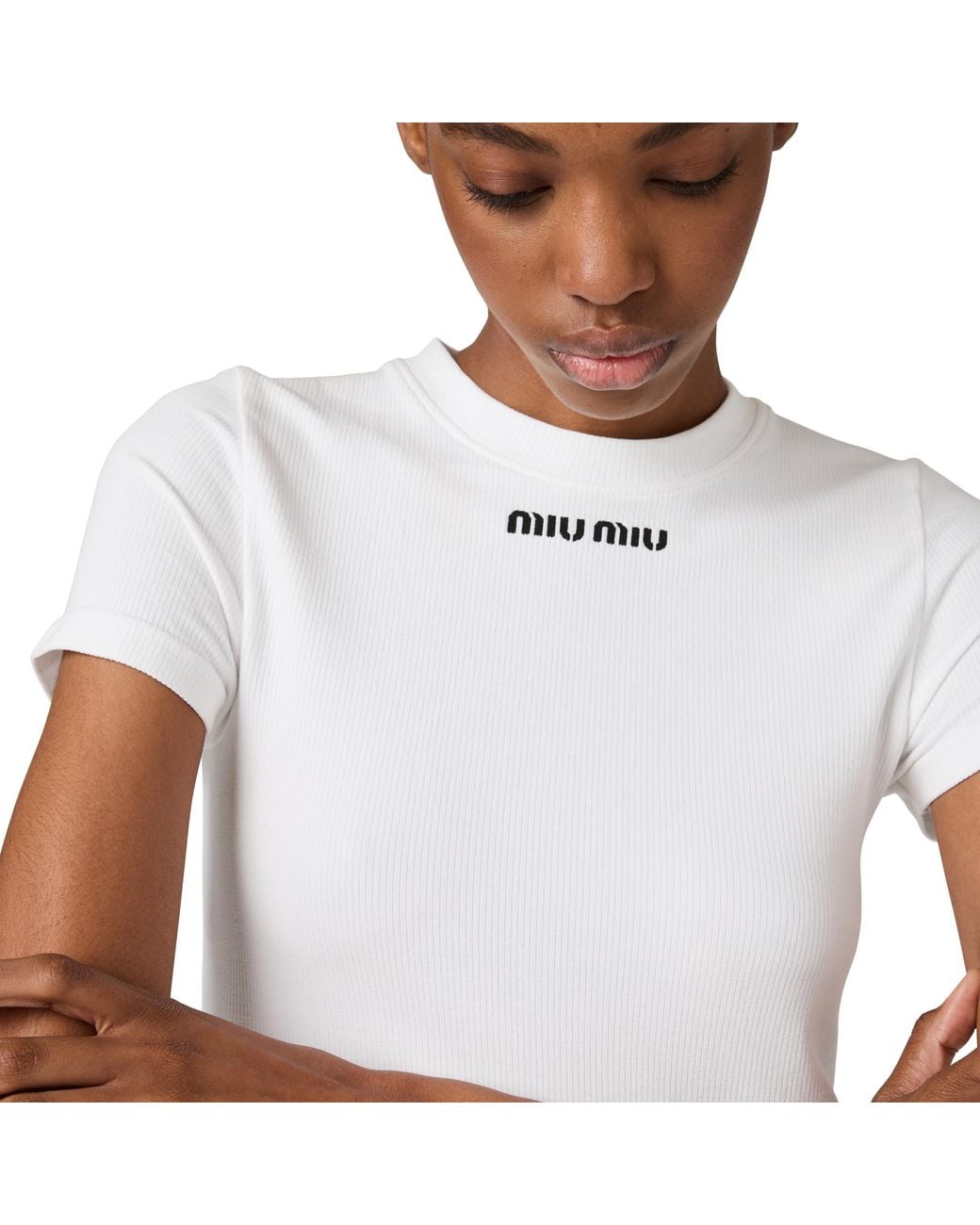miu miu グラフィック Tシャツ 半袖 ホワイト Miu Miu Seamless T-Shirt in White | Lyst