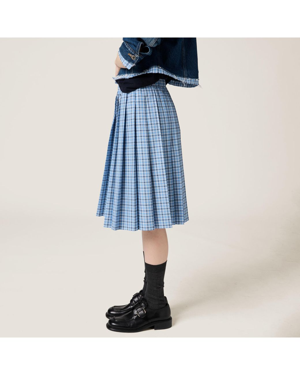 Miu Miu Pleated Check Skirt in Blue | Lyst