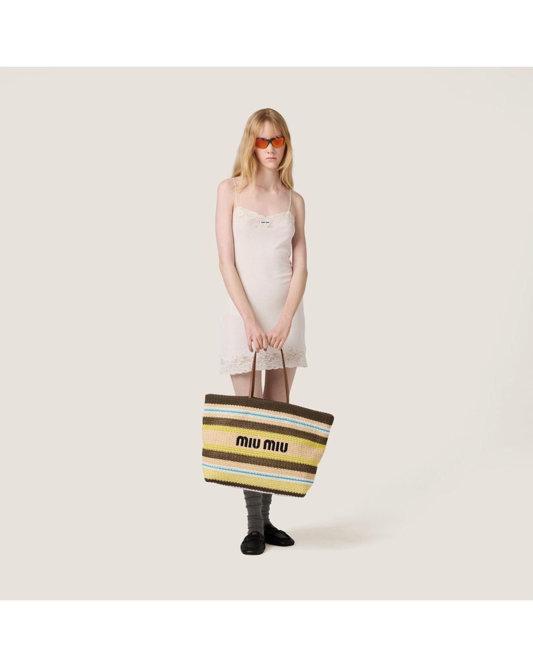 Miu Miu Raffia-Effect Woven Tote Bag in Metallic | Lyst