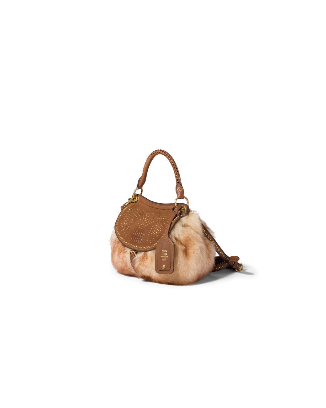 Miu Miu Brown Rendez-Vous Shearling And Nappa Leather Bag With Metal Studs