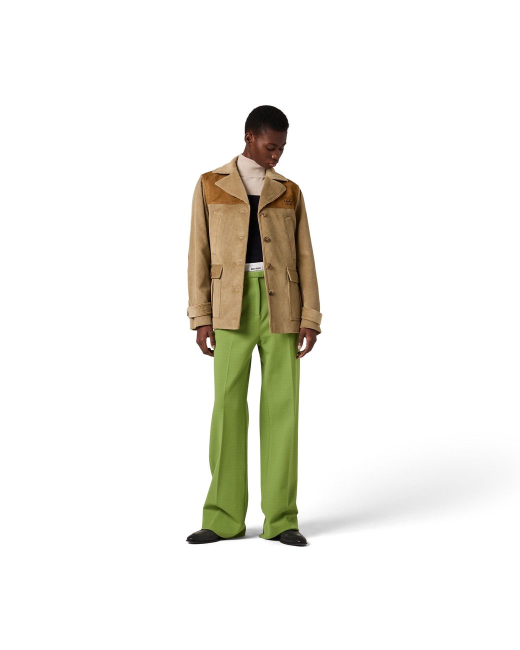 Miu Miu Brown Single-Breasted Corduroy And Leather Jacket
