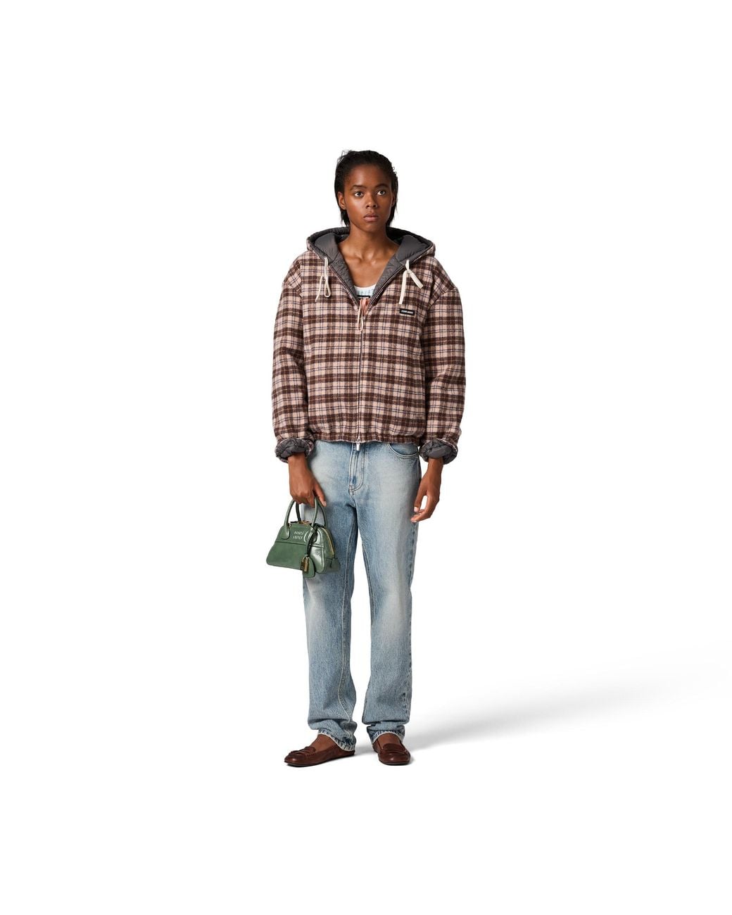 Miu Miu Brown Reversible Plaid And Pongé Down Jacket