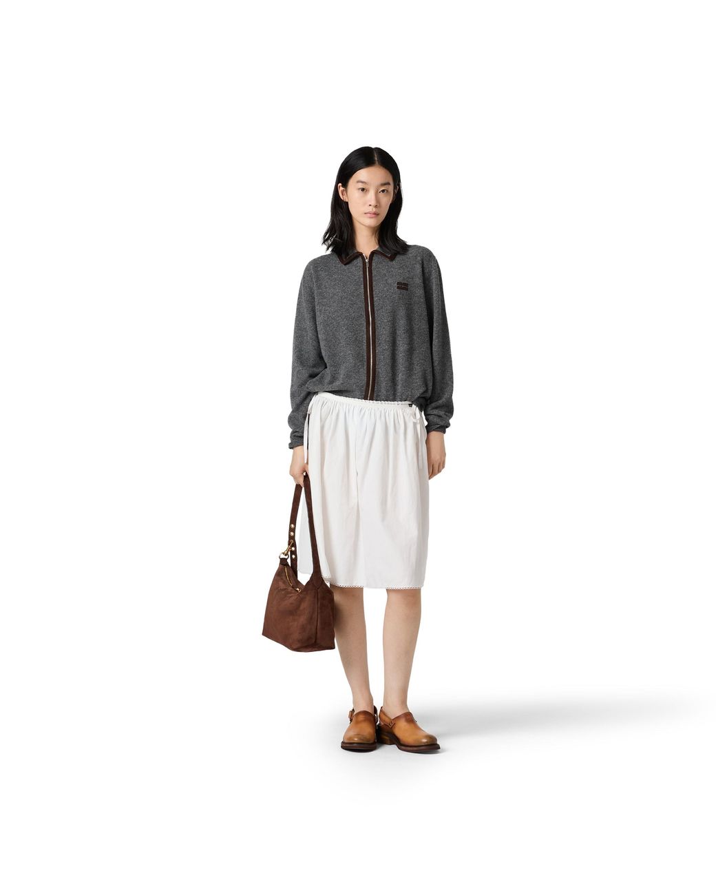 Miu Miu Gray Wool And Cashmere Cardigan With Suede Details