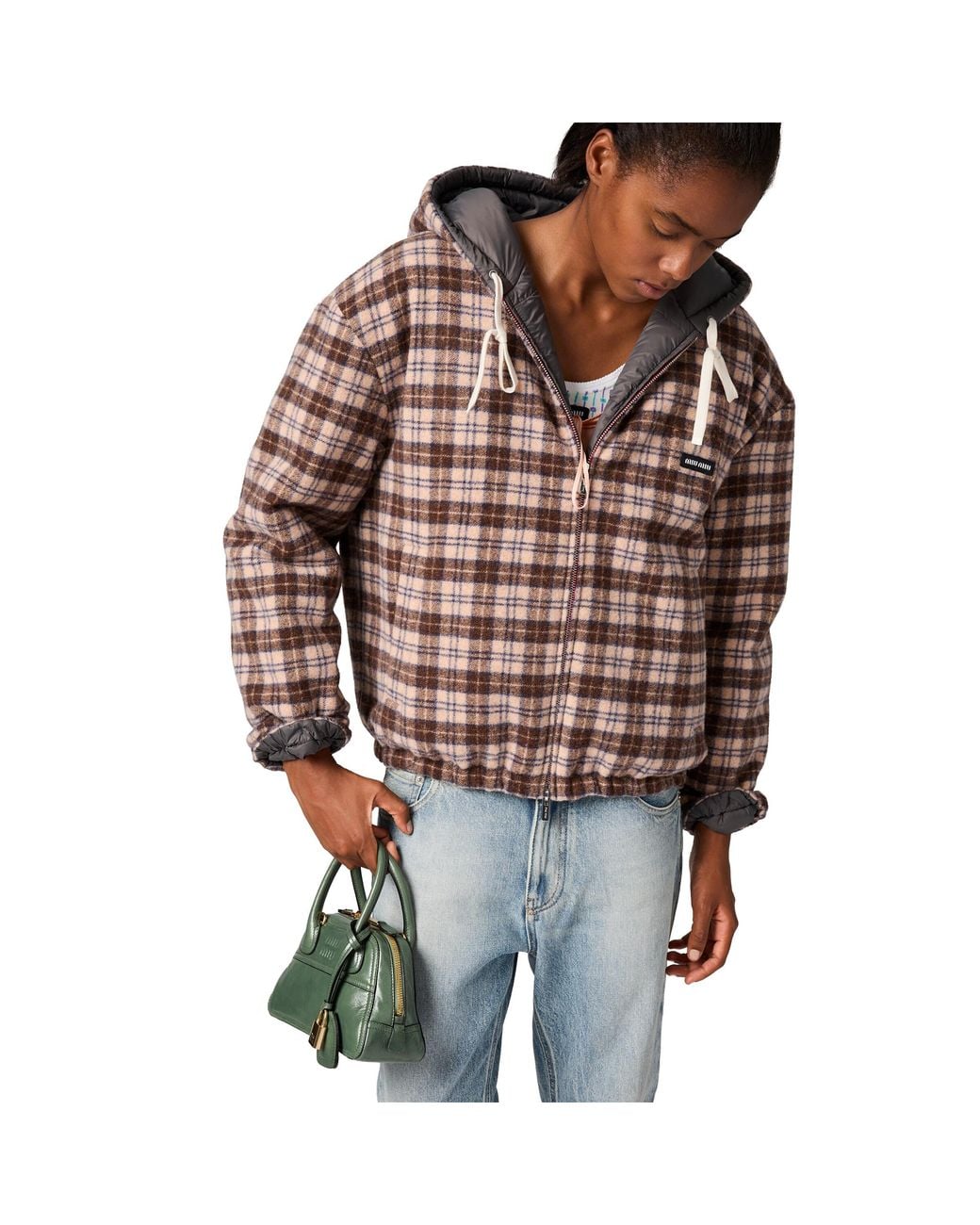 Miu Miu Brown Reversible Plaid And Pongé Down Jacket