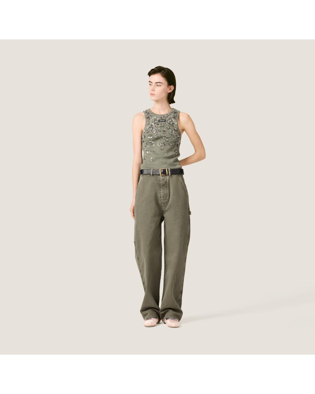 Miu Miu Garment-Dyed Embroidered Ribbed Knit Jersey Top in