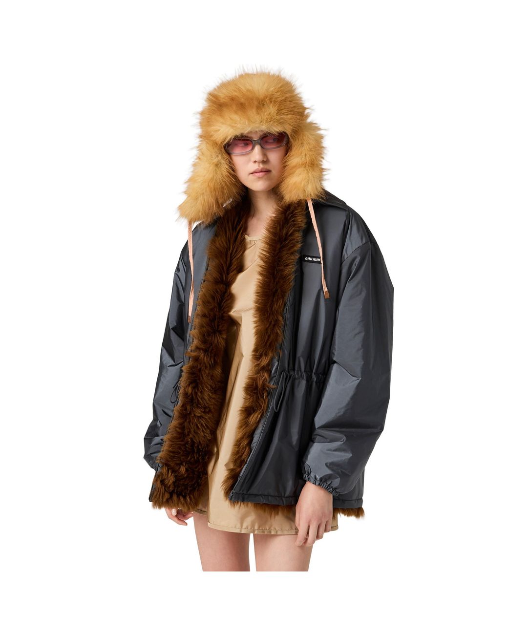 Miu Miu Gray Technical Fabric And Shearling Blouson Jacket