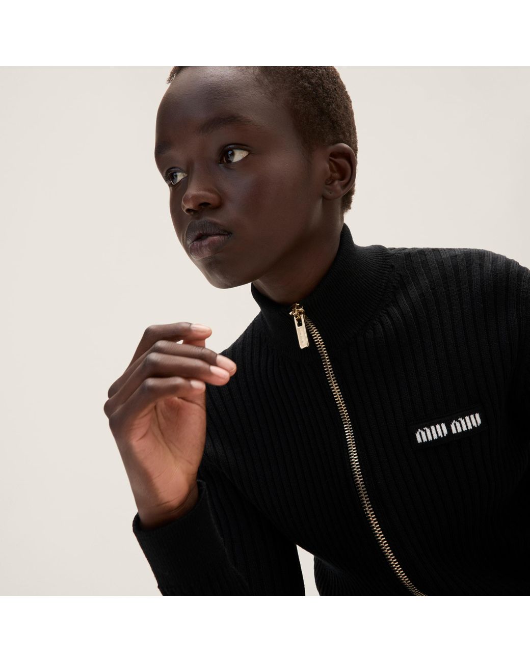 Miu Miu Ribbed Wool Zip-Up Cardigan in Black | Lyst