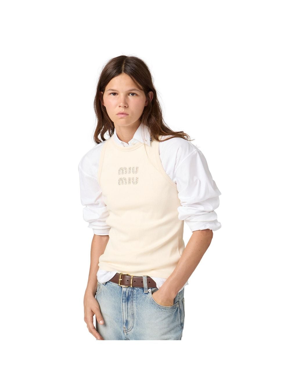 Miu Miu Natural Ribbed Knit Tank Top With Embroidered Logo