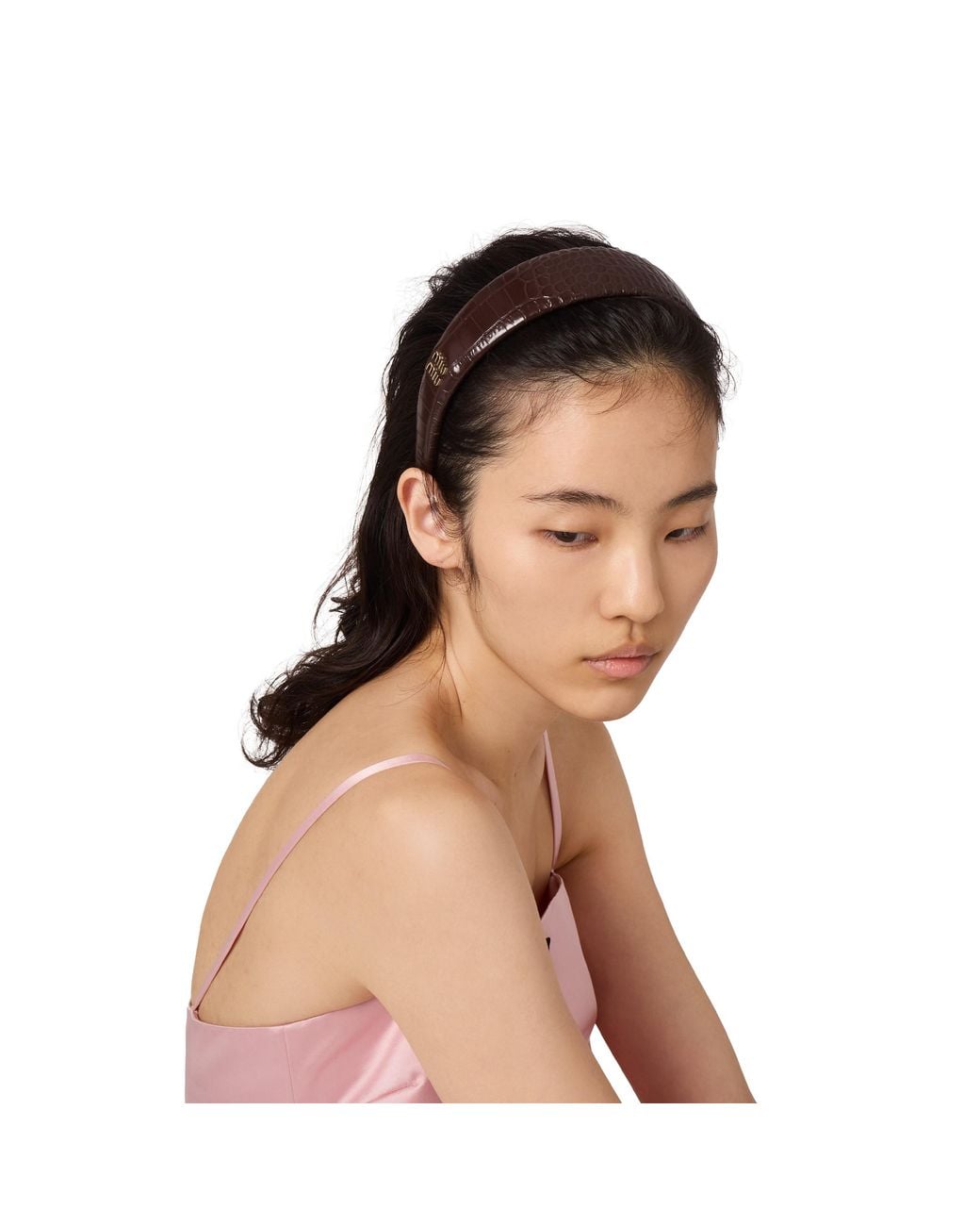 Miu Miu Brown Crocodile Embossed Calfskin Headband
