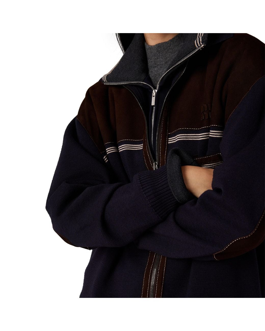 Miu Miu Black Wool And Leather Zipper Cardigan