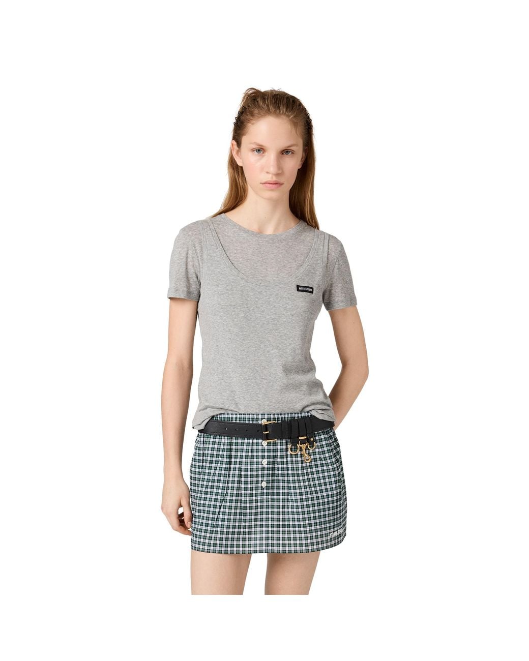 Miu Miu Gray Ribbed Knit Jersey T-Shirt