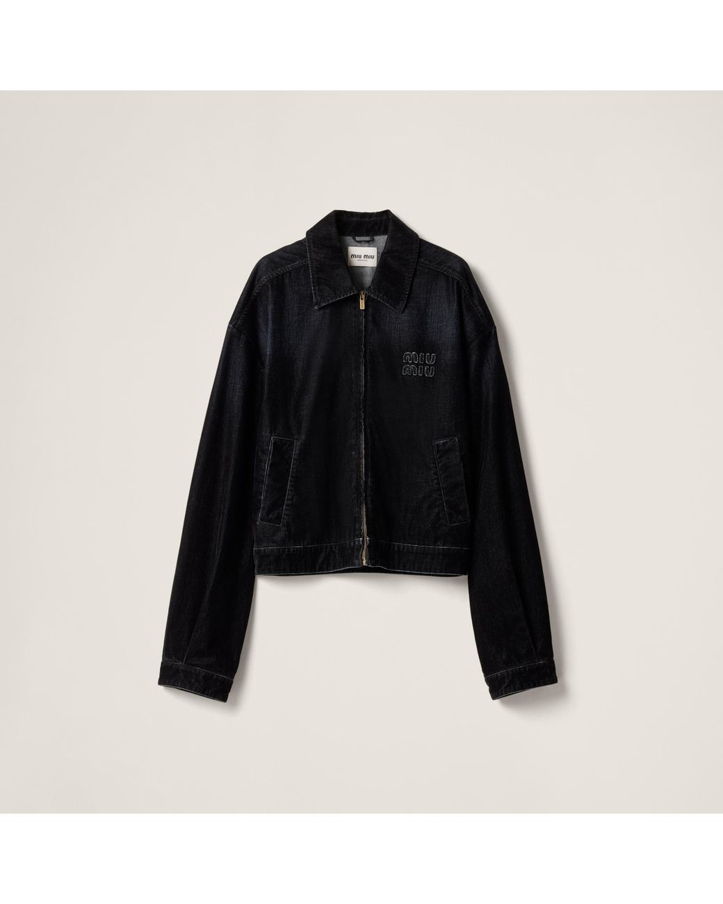 【日本入手困難】Washed flocked chambray blouson jacket miu-miu-Black-Flocked-Chambray