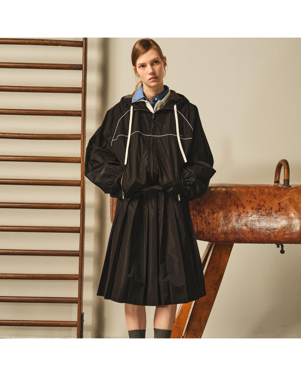 Miu Miu Technical Silk Zipper Blouson Jacket in Black | Lyst