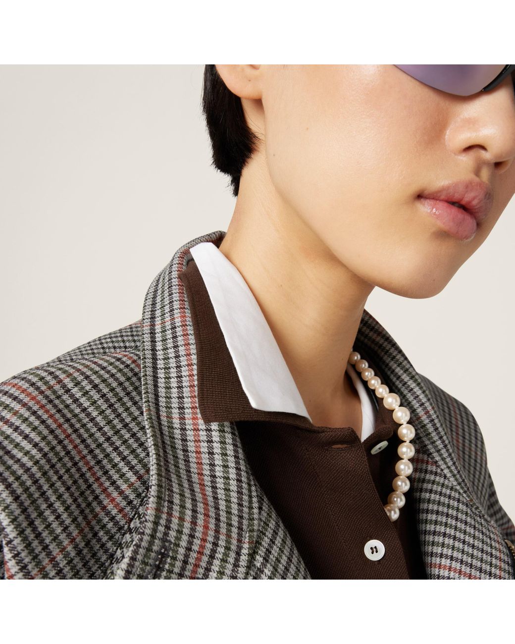 関税込 MiuMiu Checked double weave blouson jacket Cocoa Brown Checked Double Weave Blouson Jacket | Miu Miu