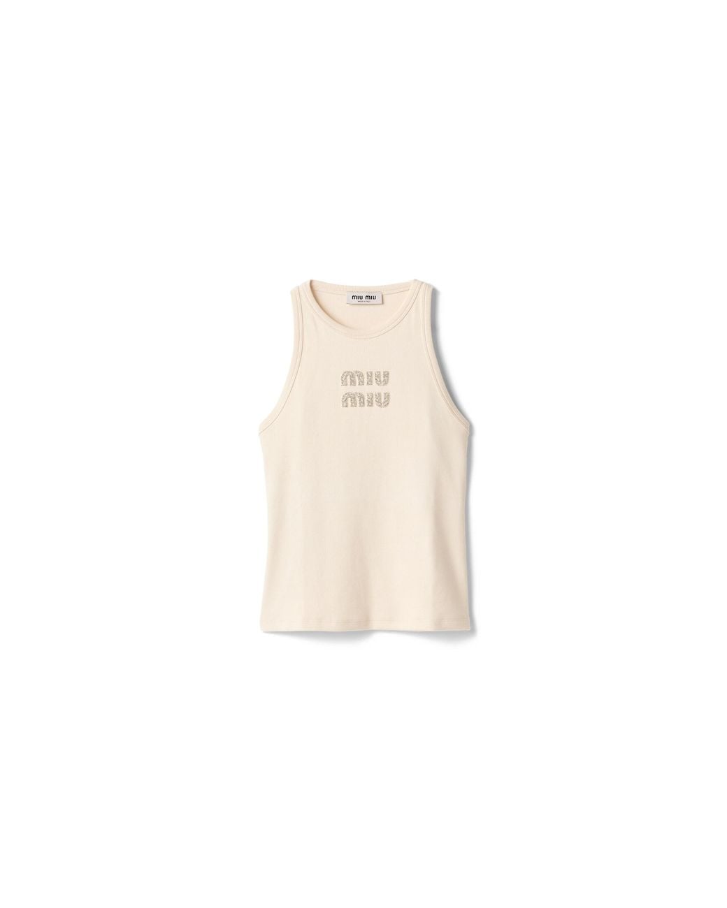 Miu Miu Natural Ribbed Knit Tank Top With Embroidered Logo