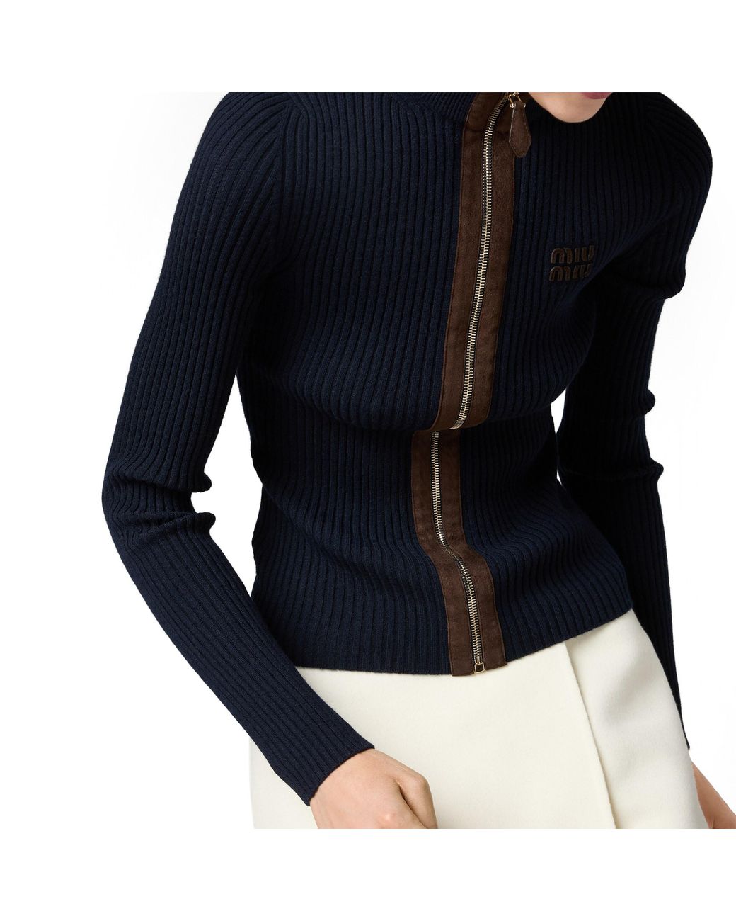 Miu Miu Blue Cashmere And Leather Zipper Cardigan
