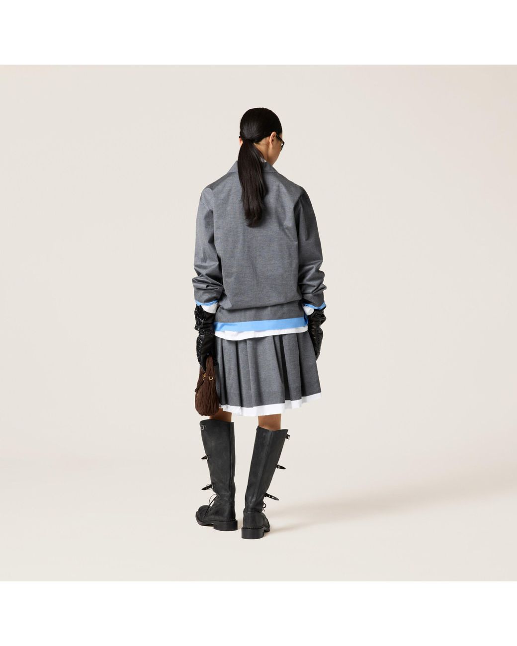 Miu Miu Knit Poplin Pleated Skirt in Gray | Lyst