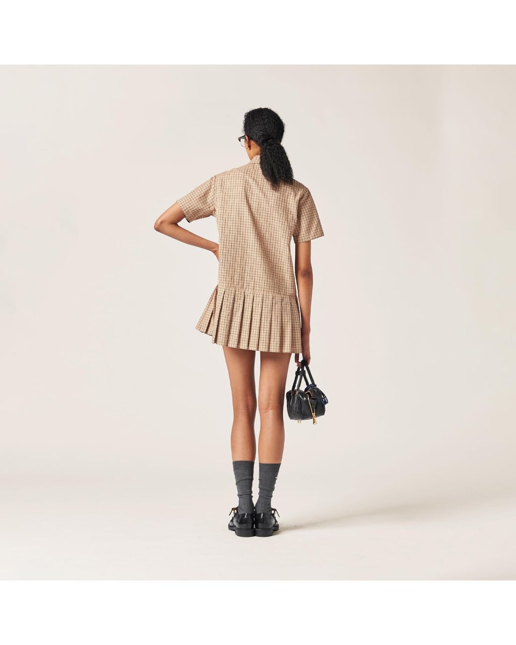 Miu Miu Pleated Check Dress in Natural | Lyst UK