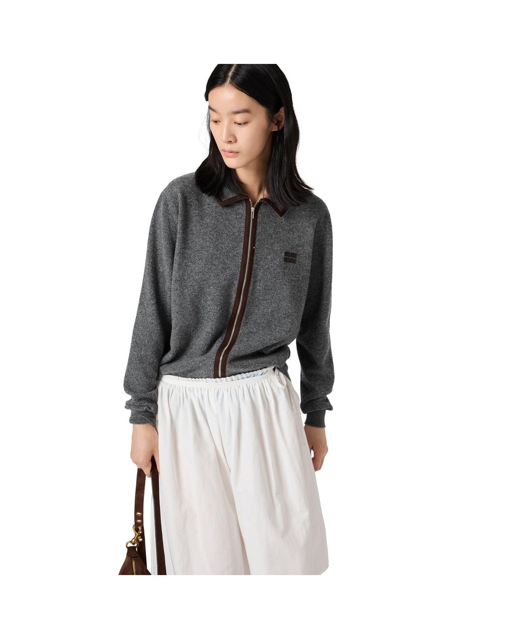 Miu Miu Gray Wool And Cashmere Cardigan With Suede Details