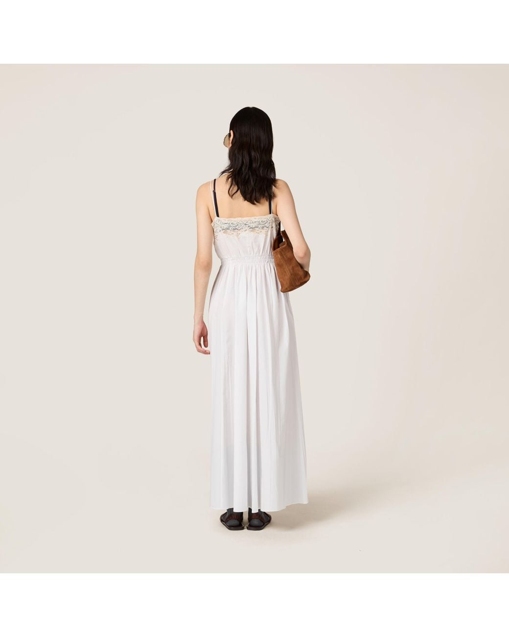 Miu Miu Poplin And Lace Midi-Dress in White | Lyst
