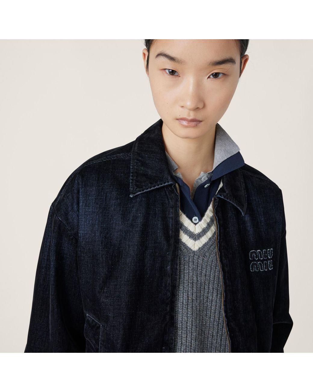 【日本入手困難】Washed flocked chambray blouson jacket Miu Miu Flocked Chambray Blouson Jacket in Black | Lyst