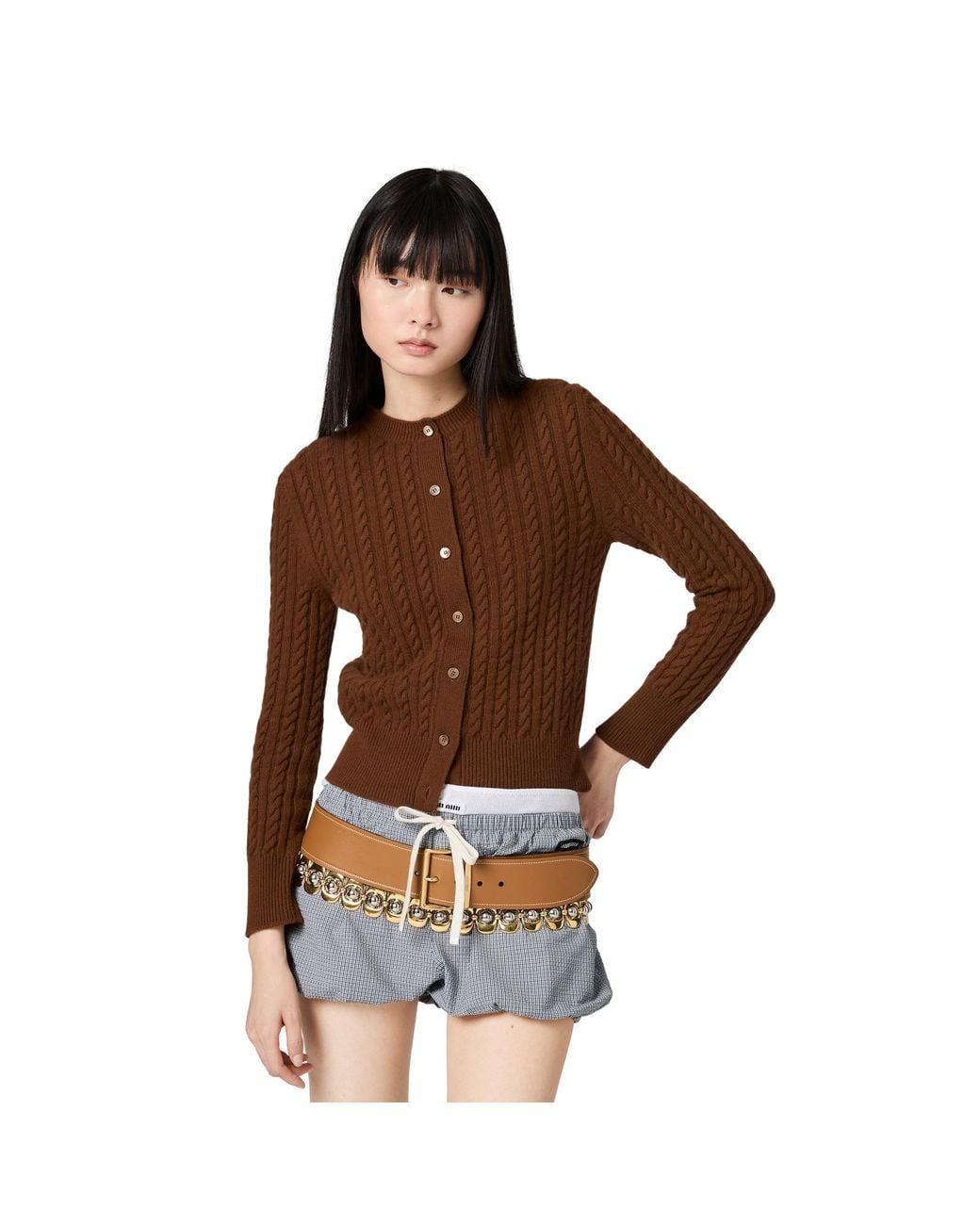 Miu Miu Brown Cable-Knit Cashmere Cardigan