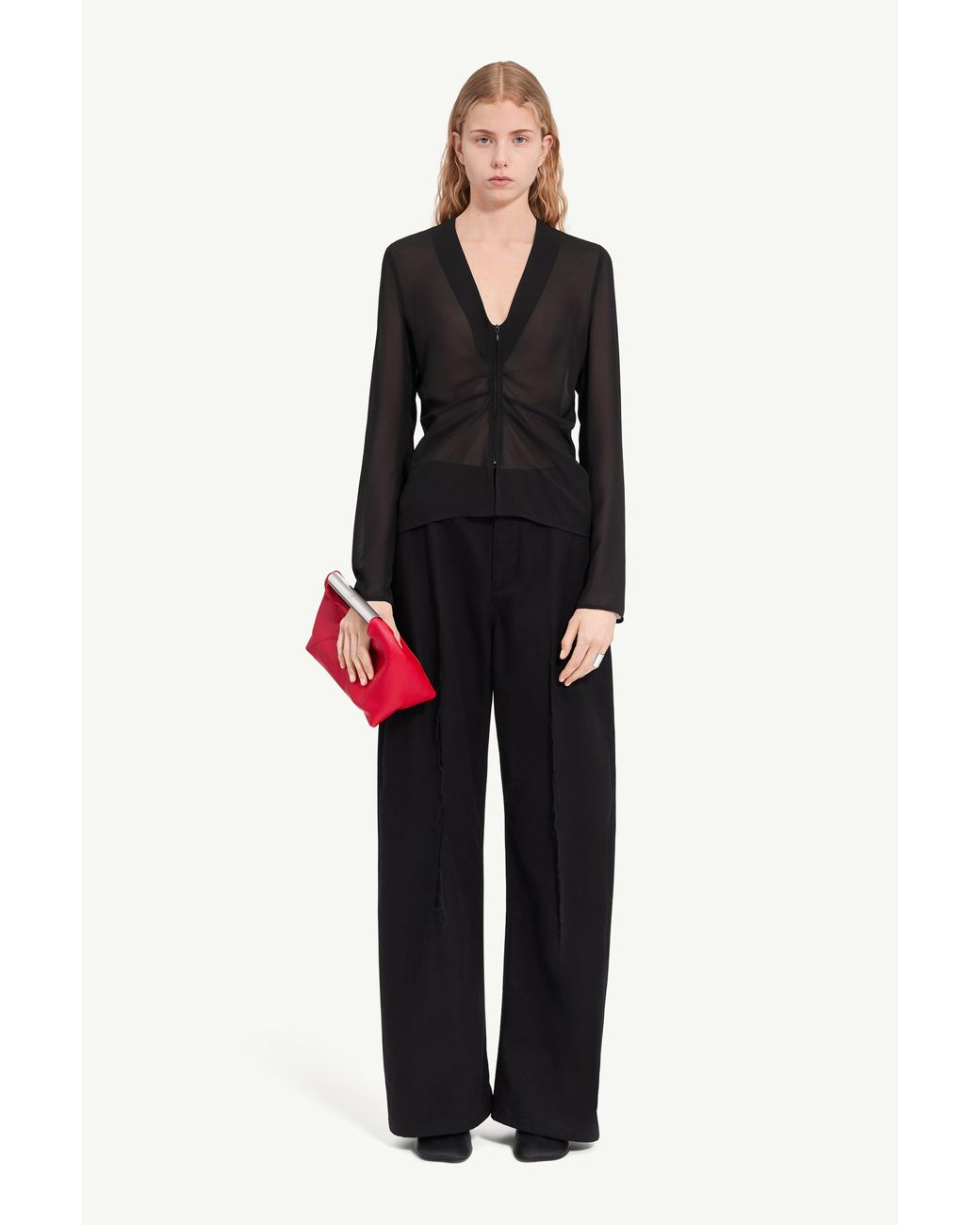 MM6 by Maison Margiela Black Gathered Chiffon V-Neck Top