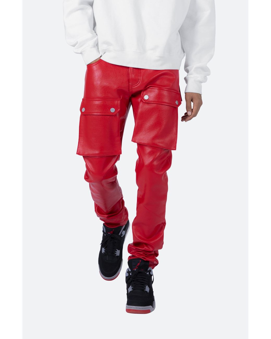 MNML Leather Snap Cargo Pants in Red 