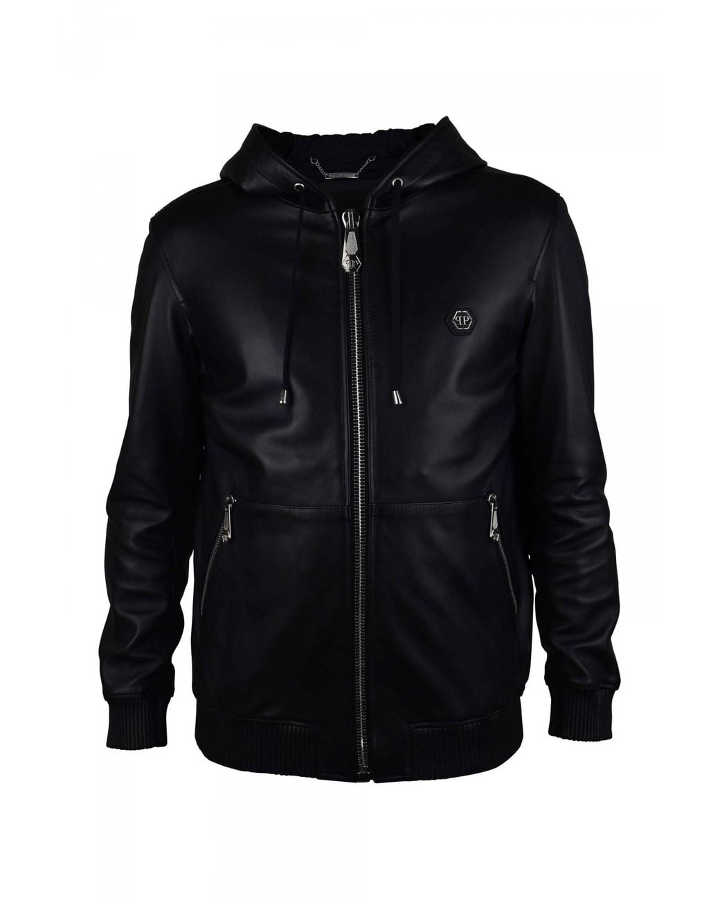 Philipp Plein Blue Smooth Leather Hooded Jacket for men