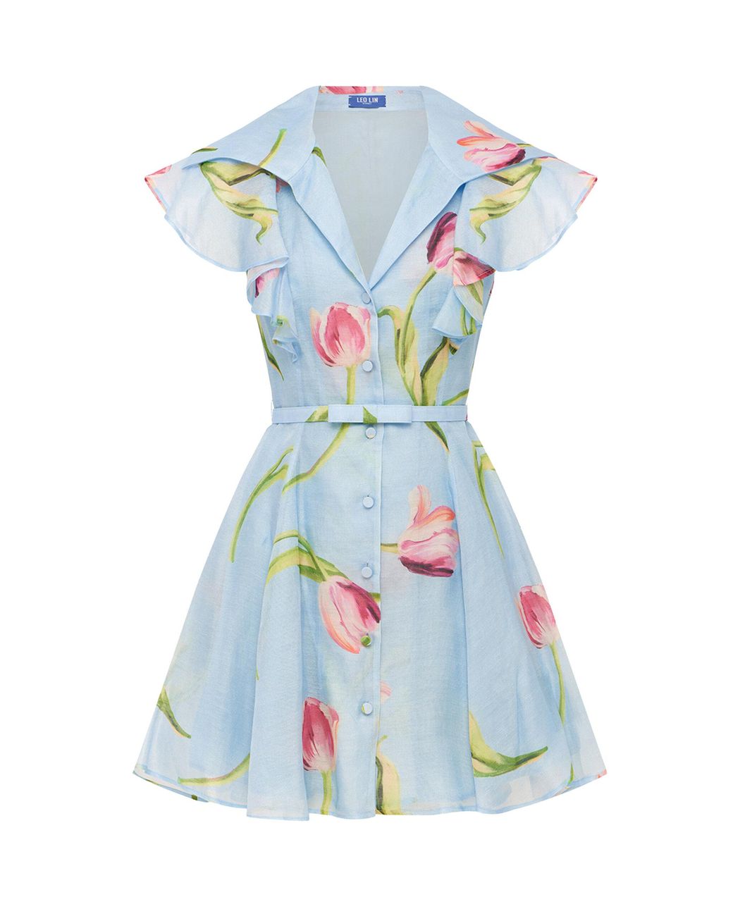 LEO LIN Blue Isla-Print Button-Up Linen-Silk Mini Dress