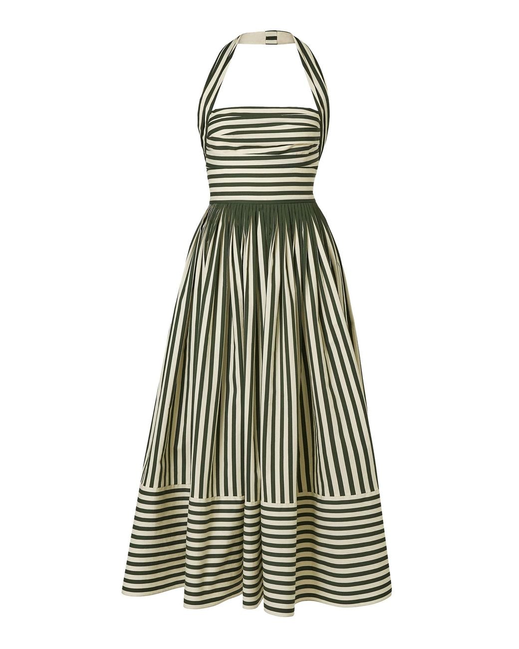 Carolina Herrera Green Ruched Striped Cotton-Blend Halter Midi Dress