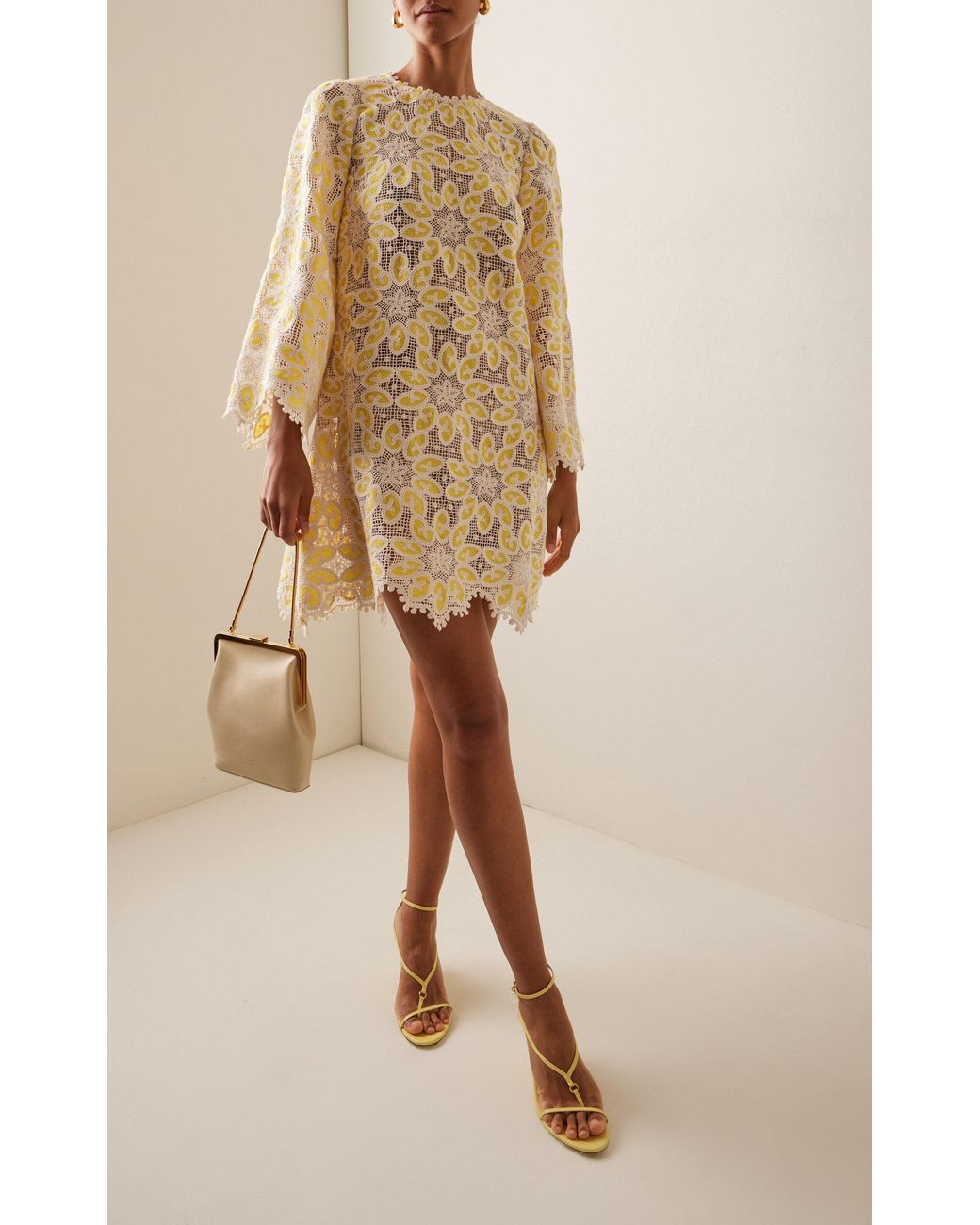 Zimmermann Golden Woven Lace Mini Dress in Natural | Lyst