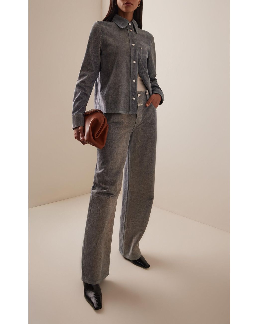 Closed Blue Slim Denim-Printed Suede Jacket