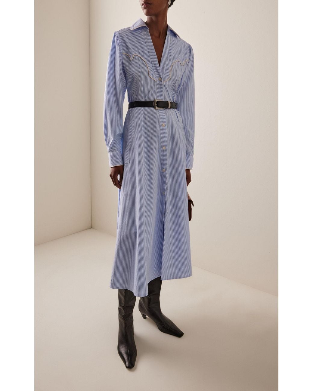 Johanna Ortiz Vela De Cruz Embroidered Poplin Midi Shirt Dress in Blue