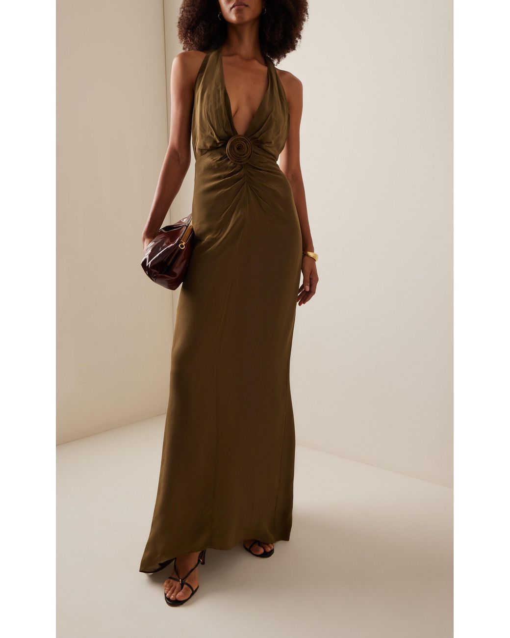 green emerald velvet dress AGUA MAXI DRESS IN PALM GREEN CRINKLE CHIFFON – DE LA VALI OFFICIAL main image 0
