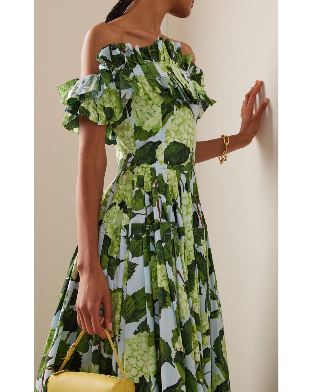 Oscar de la Renta Off-the-shoulder Hydrangea Ruffled Cotton Maxi Dress in  Green | Lyst