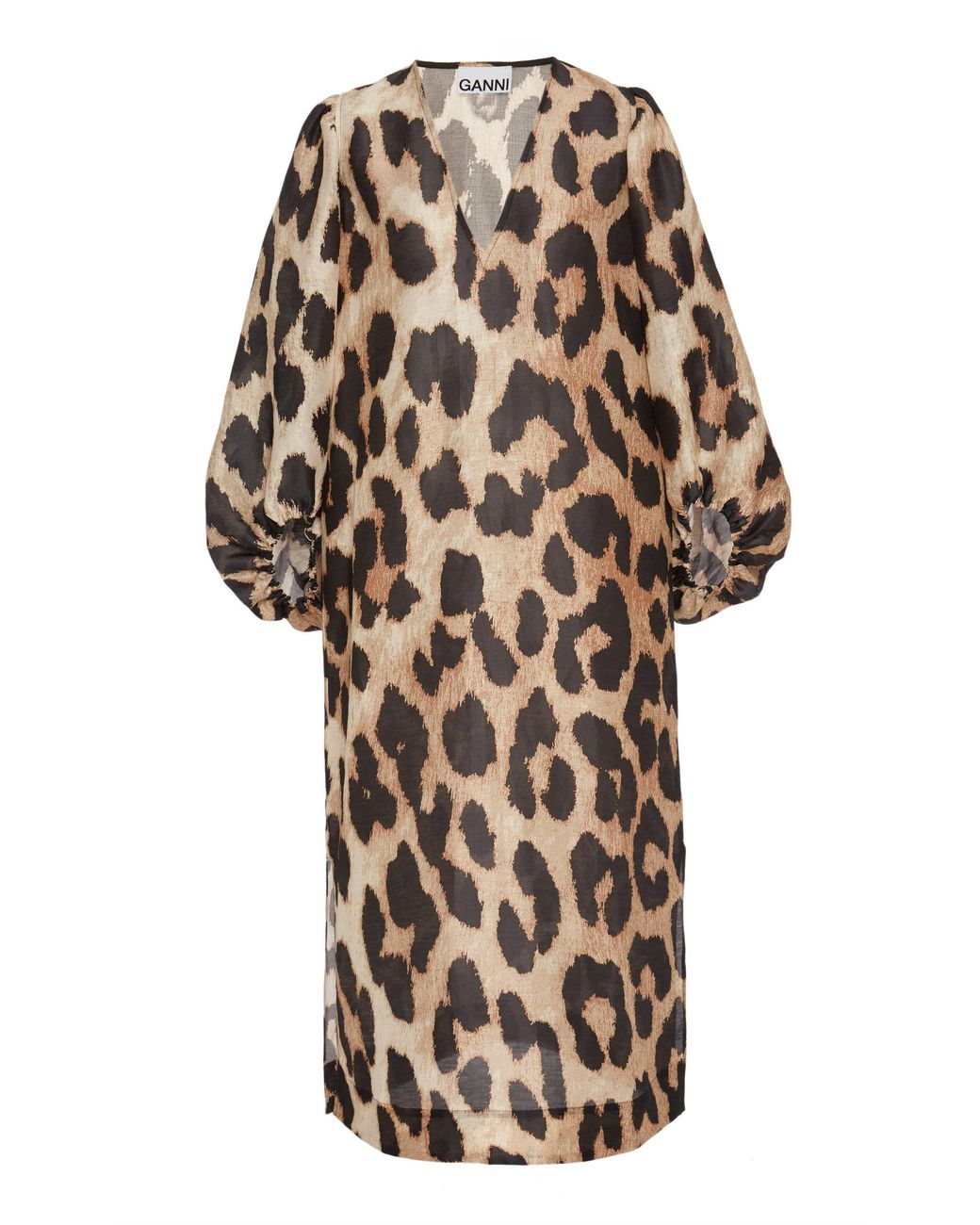 Ganni Leopard-print Linen-silk Blend Midi Dress in Brown | Lyst