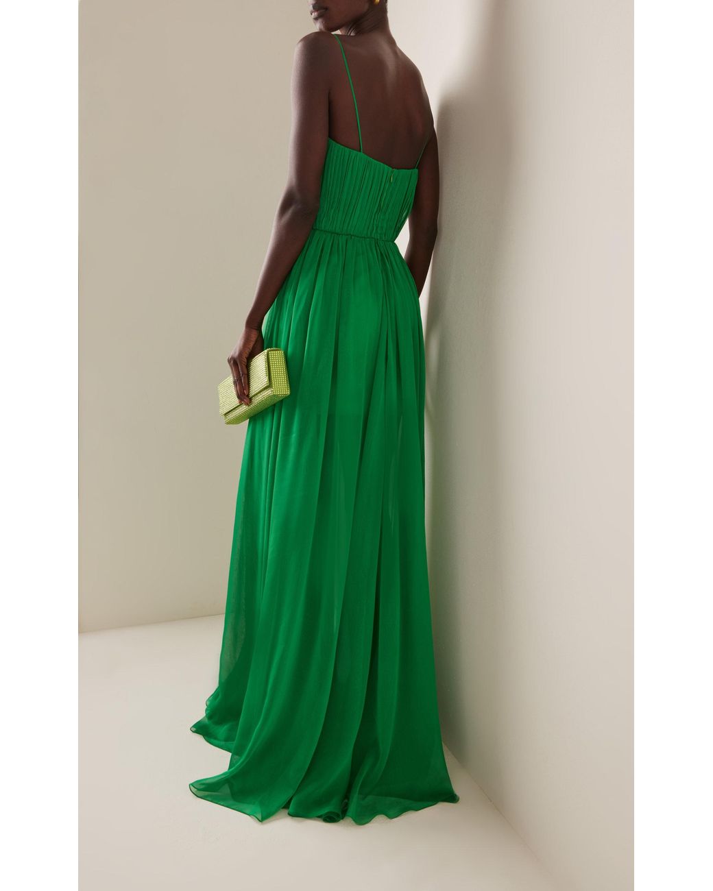 rasario green dress Satin and velvet fringed maxi dress with voluminous sleeves 46 (FR) / Black/Dark green