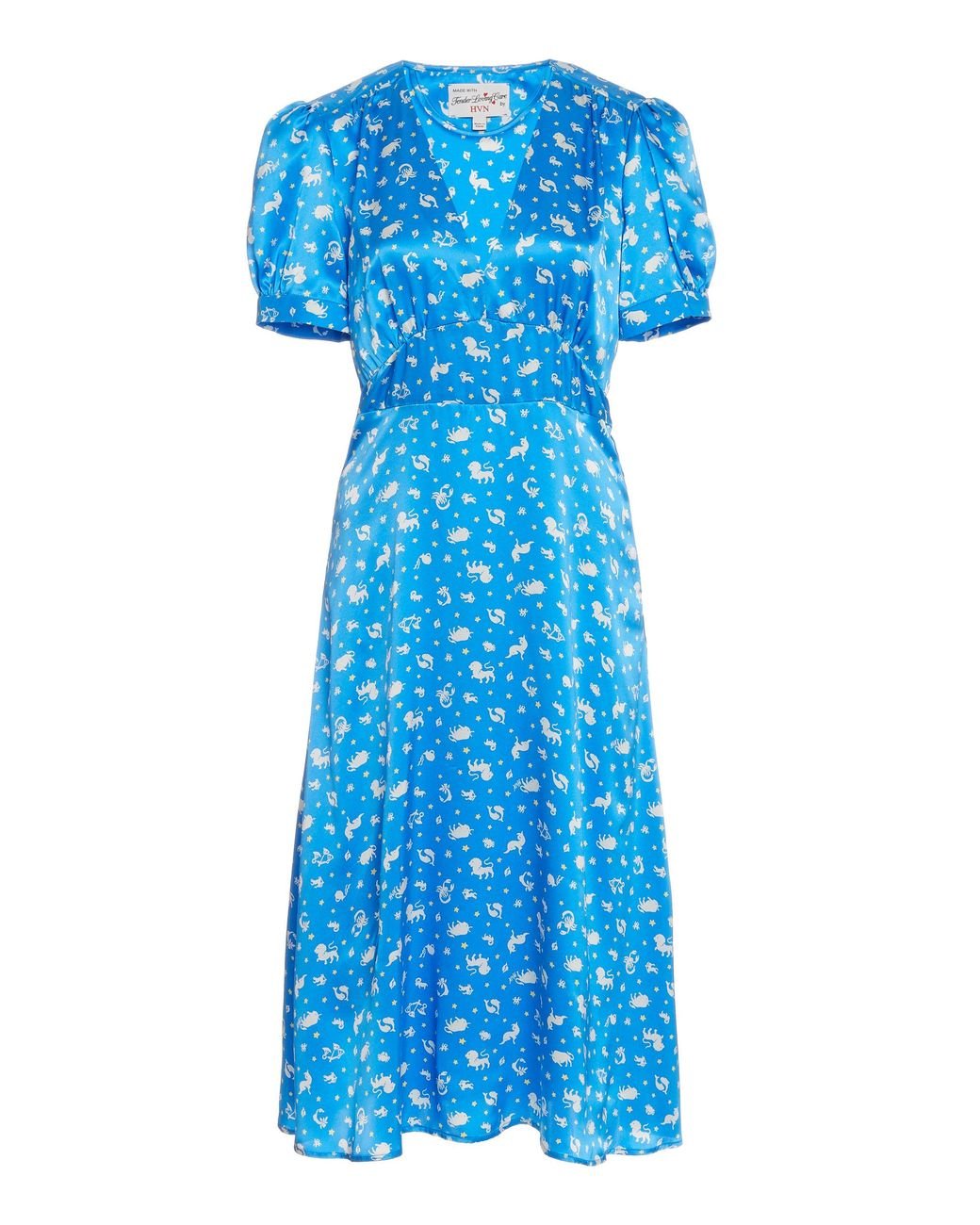 HVN Paula V-neck Woven Silk Dress in Blue Print (Blue) - Lyst