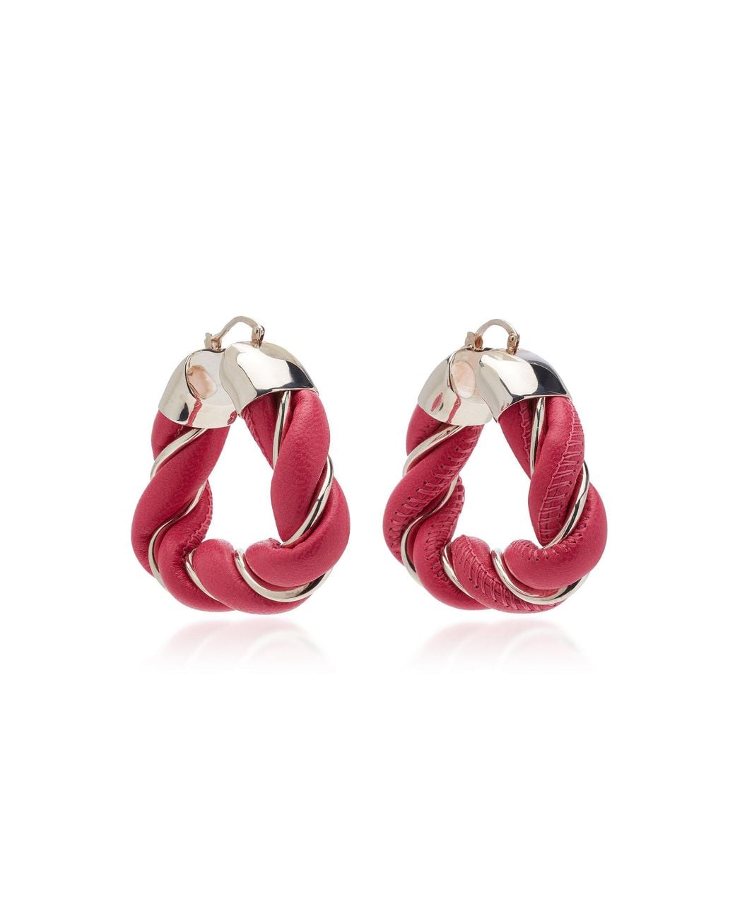 Bottega Veneta Red Twist Triangle Leather-trimmed Sterling Silver Earrings